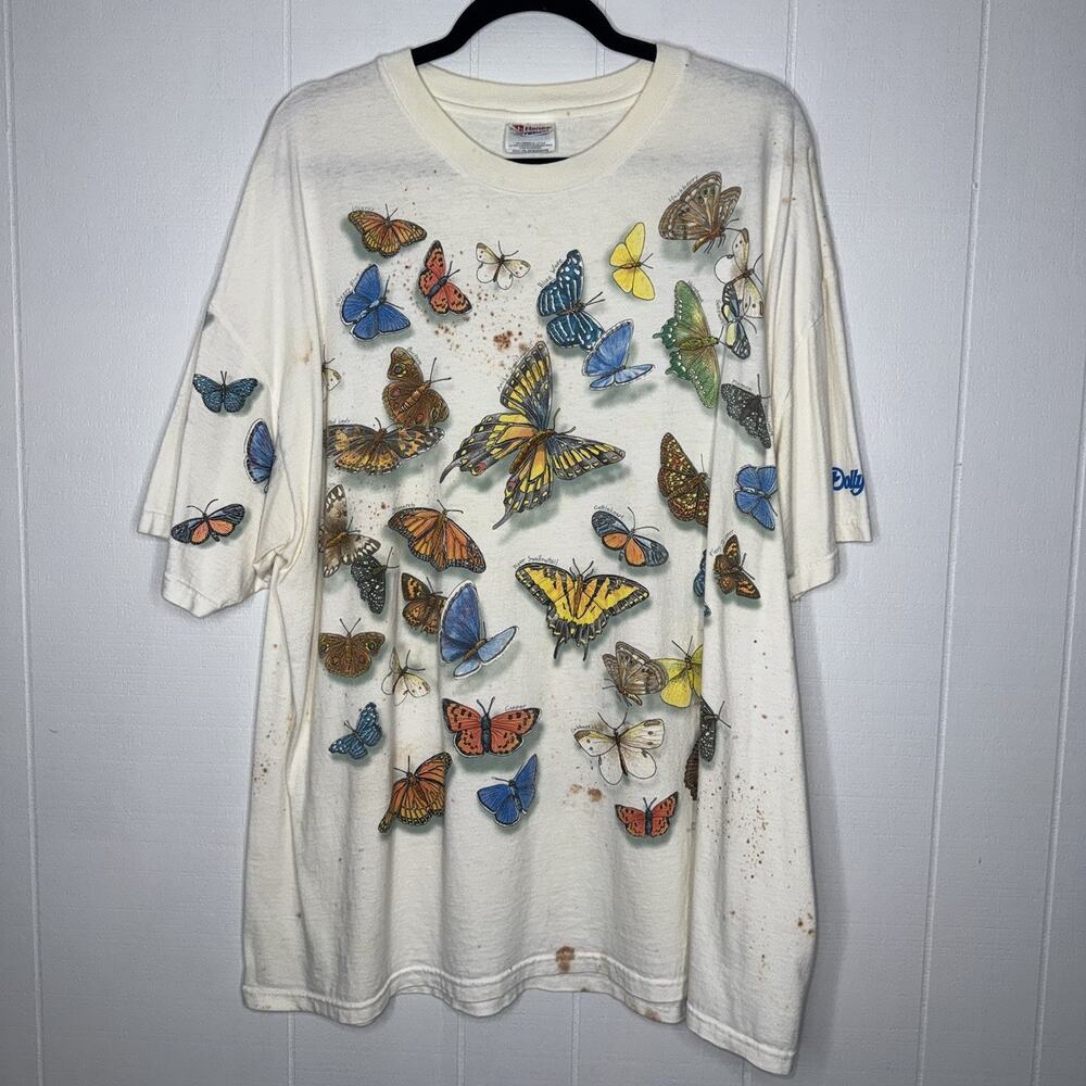 Vintage 1998 Dollywood Peter Kull AOP Butterfly T Shirt Stained Size XXL